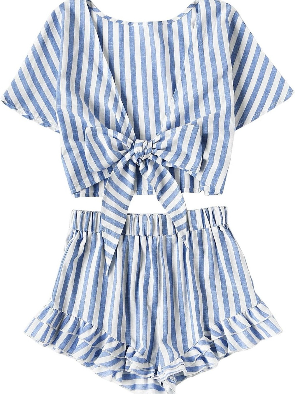 Amazon Blue & White Striped Tie-Front Crop Top and Ruffle Shorts Set